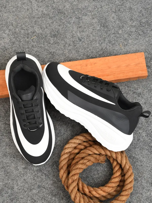 Black_White_Mesh_Lace-Up_Sneakers_For_Men