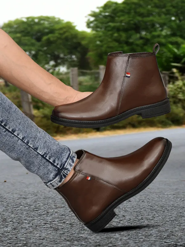 Brown_Synthetic_Leather_Slip-On_Ankle_Boots_For_Men