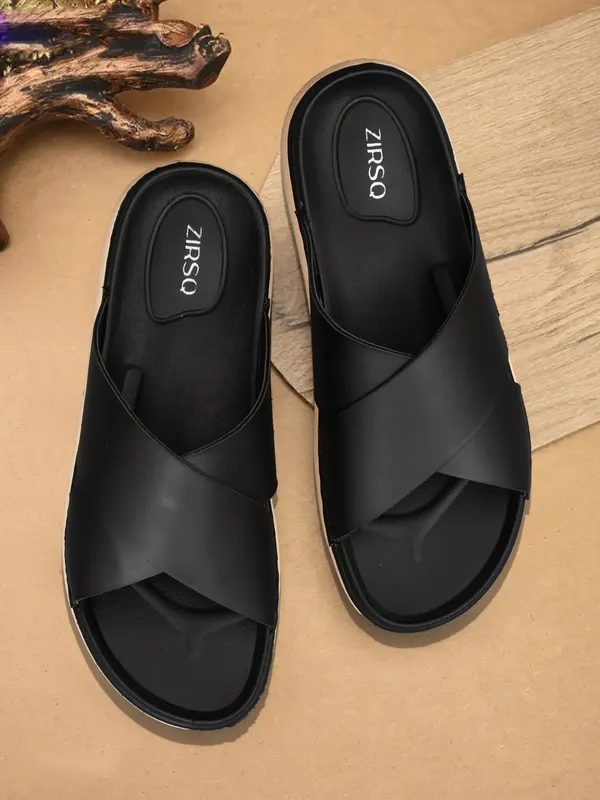 Black_Synthetic_Leather_Cross_Strap_Slide_Sandals_For_Men
