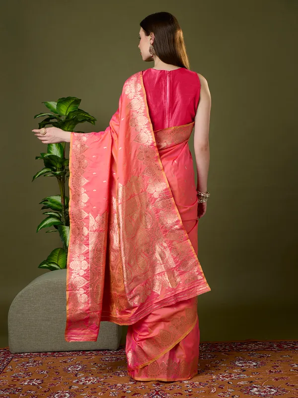 Coral_pink_and_warm_gold_Banarasi_silk_saree