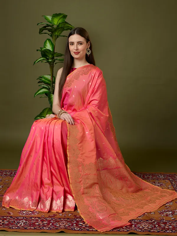 Coral_pink_and_warm_gold_Banarasi_silk_saree