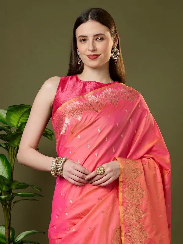 Coral_pink_and_warm_gold_Banarasi_silk_saree