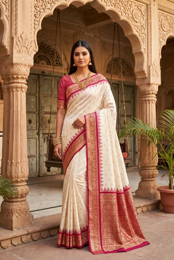 Cream_and_Magenta_Banarasi_Silk_Saree