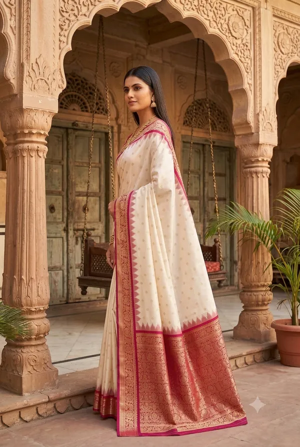 Cream_and_Magenta_Banarasi_Silk_Saree