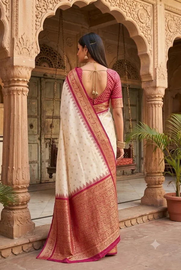 Cream_and_Magenta_Banarasi_Silk_Saree
