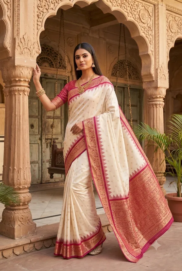 Cream_and_Magenta_Banarasi_Silk_Saree