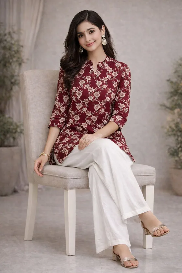 Maroon_Premium_Rayon_Floral_Tunic_Western_Top_With_Palazzo_For_Women