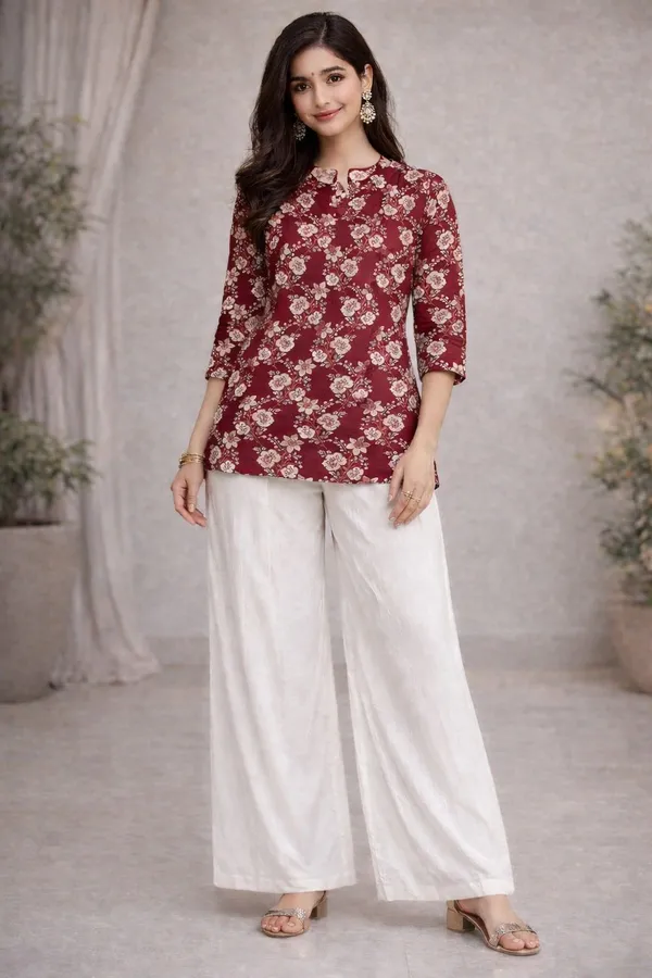 Maroon_Premium_Rayon_Floral_Tunic_Western_Top_With_Palazzo_For_Women