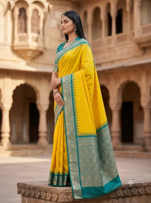 Golden_Yellow_and_Teal_Blue_Banarasi_Silk_Saree
