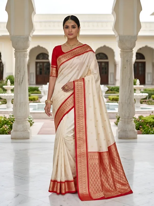 Ivory_and_Red_Banarasi_Silk_Saree