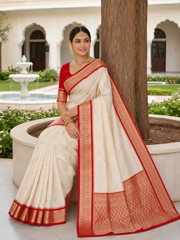 Ivory_and_Red_Banarasi_Silk_Saree