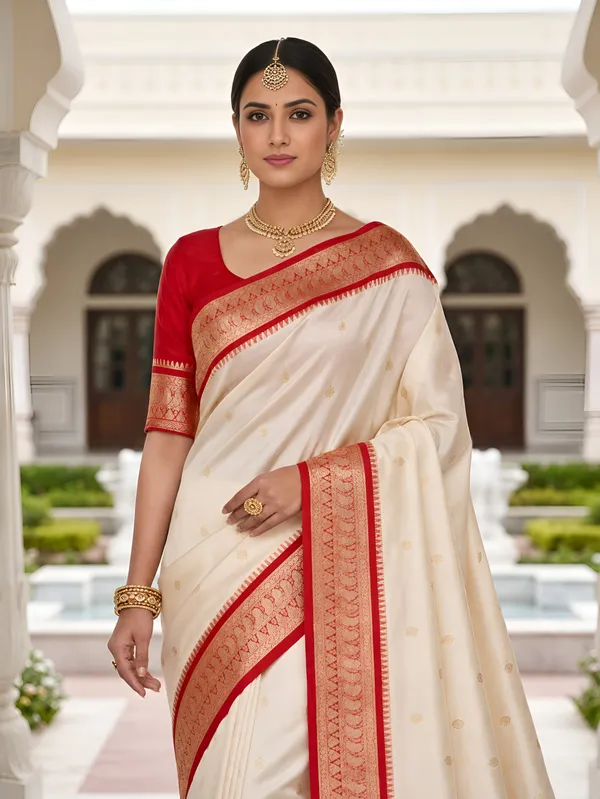 Ivory_and_Red_Banarasi_Silk_Saree