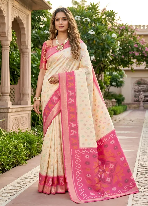 Ivory_and_Rose_Pink_Pochampally_Silk_Saree