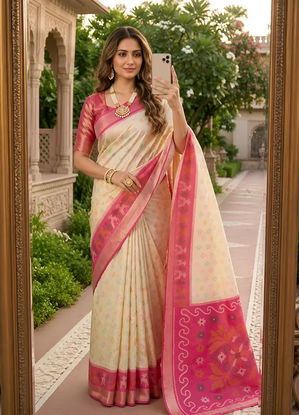 Ivory_and_Rose_Pink_Pochampally_Silk_Saree