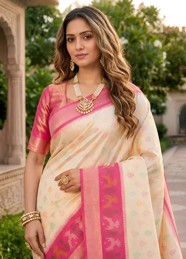 Ivory_and_Rose_Pink_Pochampally_Silk_Saree
