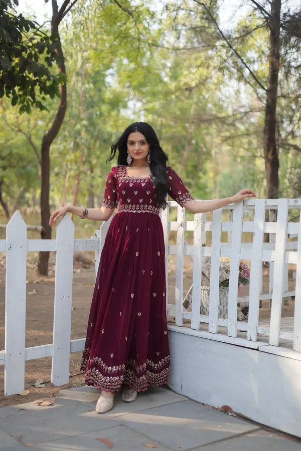 Maroon_Georgette_Fit_And_Flare_Designer_Gown_For_Women