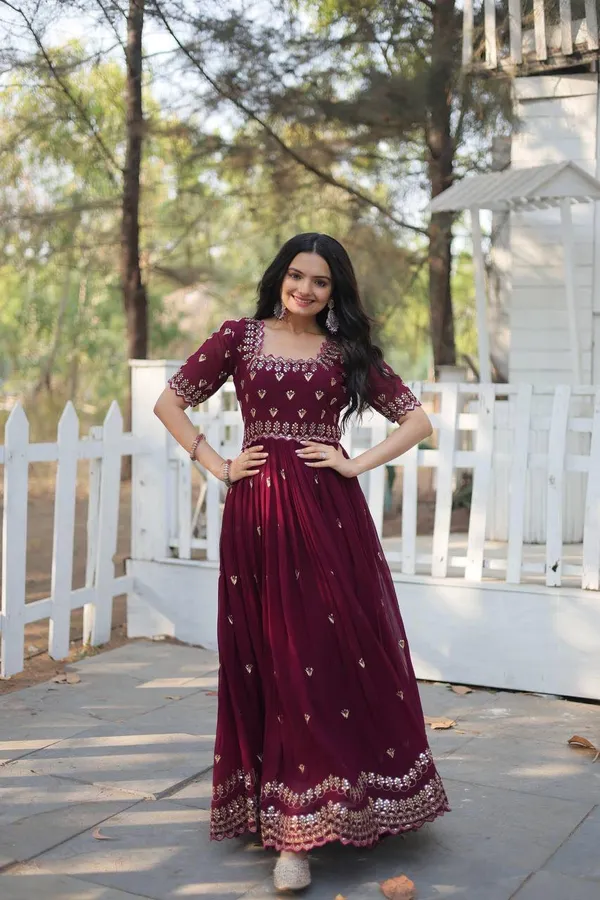 Maroon_Georgette_Fit_And_Flare_Designer_Gown_For_Women