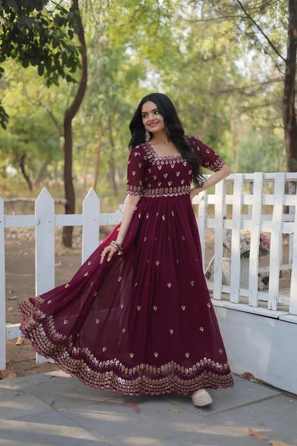 Maroon_Georgette_Fit_And_Flare_Designer_Gown_For_Women