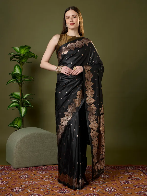 Jet_black_and_antique_copper_gold_Banarasi_silk_saree
