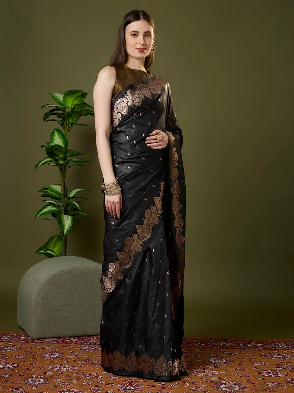 Jet_black_and_antique_copper_gold_Banarasi_silk_saree