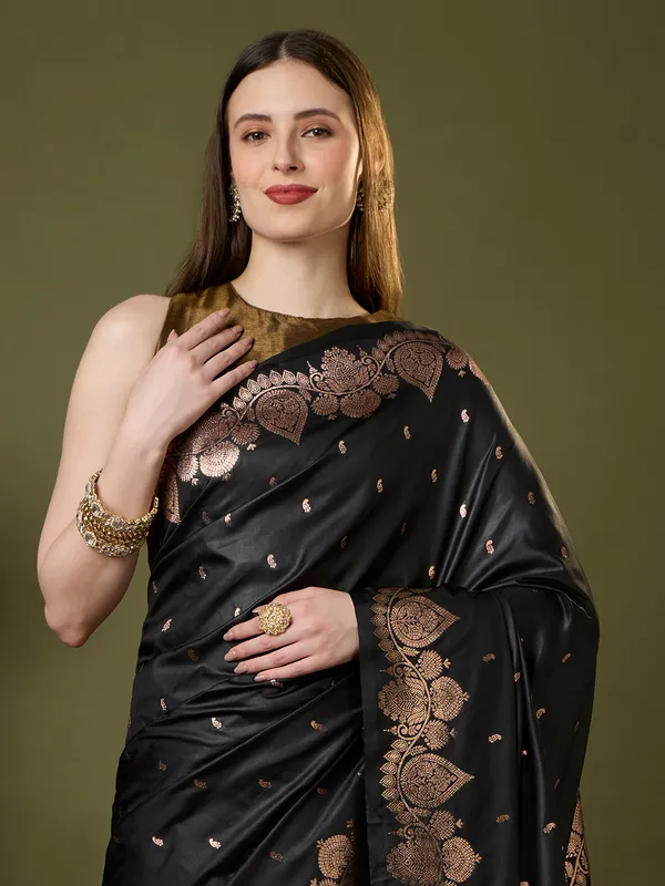Jet_black_and_antique_copper_gold_Banarasi_silk_saree