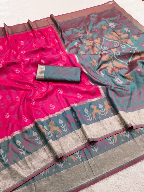 Magenta_and_Slate_Teal_Pochampally_Silk_Saree