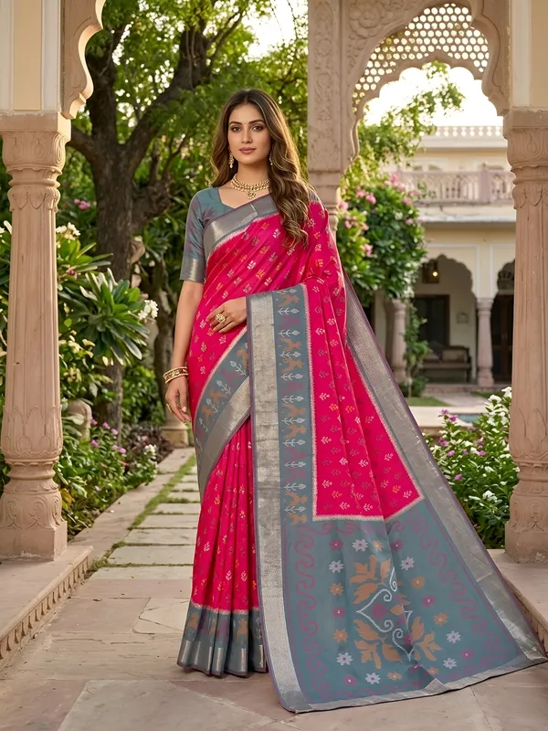 Magenta_and_Slate_Teal_Pochampally_Silk_Saree
