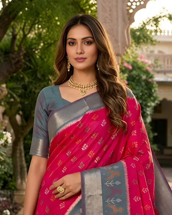 Magenta_and_Slate_Teal_Pochampally_Silk_Saree