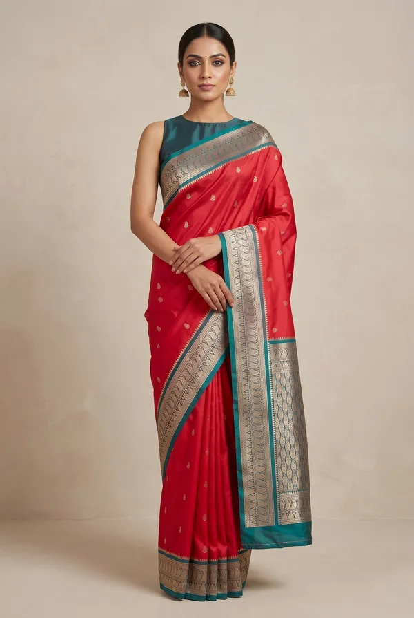 Magenta_and_Teal_Blue_Banarasi_Silk_Saree
