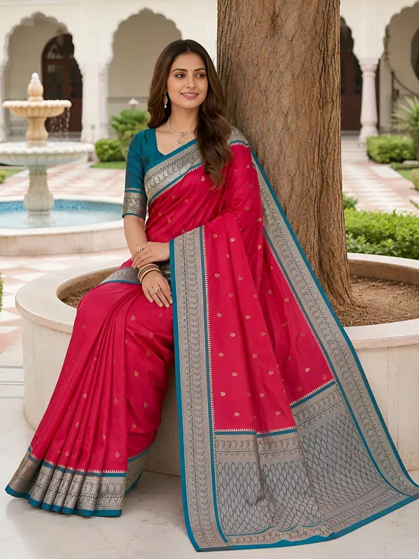 Magenta_and_Teal_Blue_Banarasi_Silk_Saree