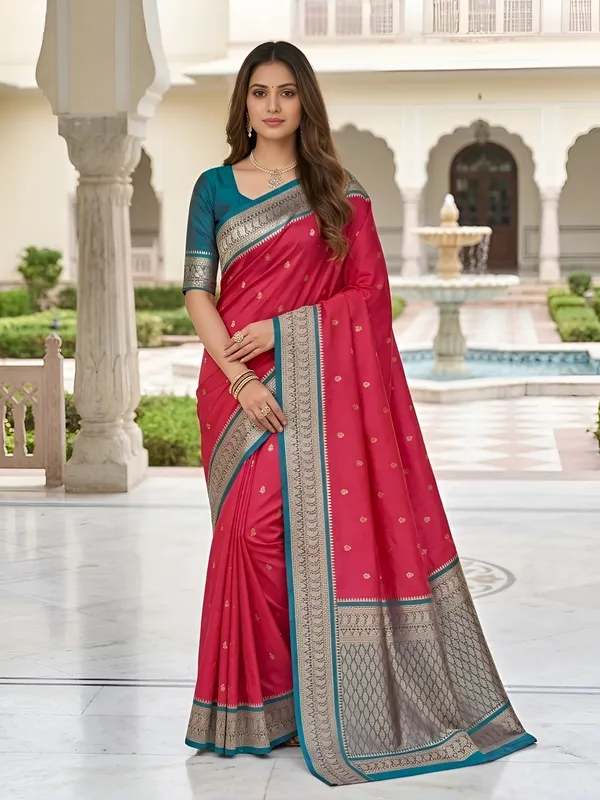 Magenta_and_Teal_Blue_Banarasi_Silk_Saree