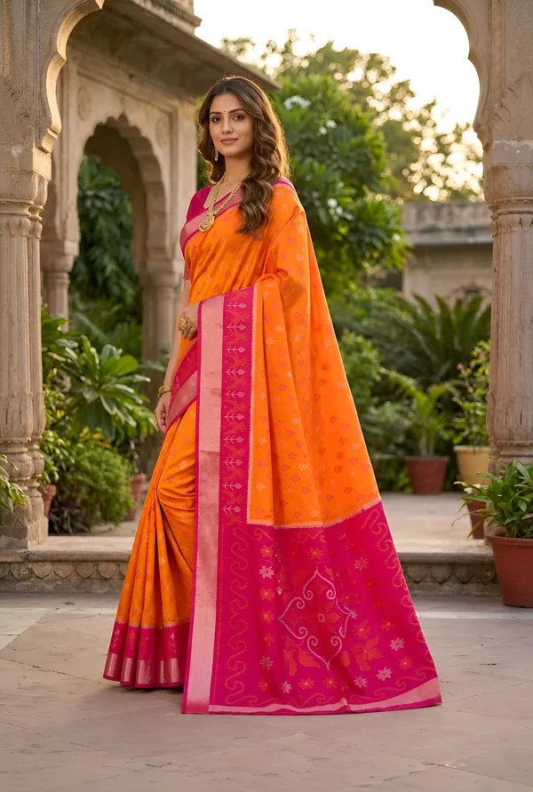 Marigold_Orange_and_Magenta_Pochampally_Silk_Saree