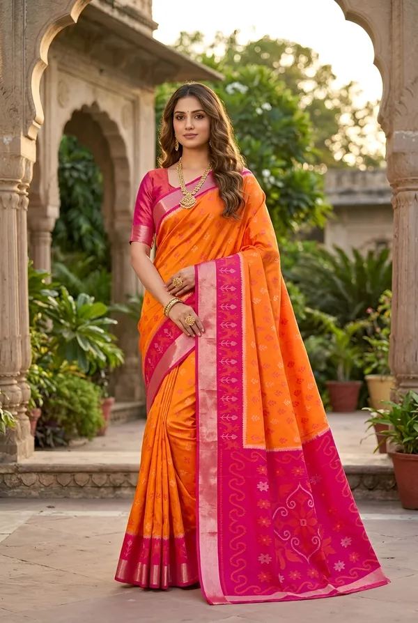 Marigold_Orange_and_Magenta_Pochampally_Silk_Saree