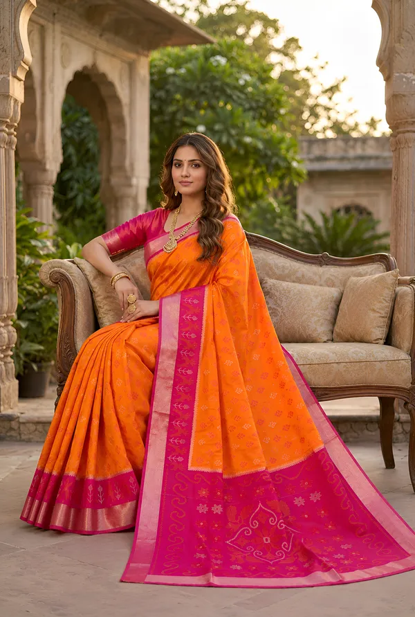 Marigold_Orange_and_Magenta_Pochampally_Silk_Saree