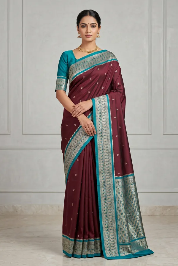 Maroon_And_Teal_Pure_Banarasi_Silk_Saree
