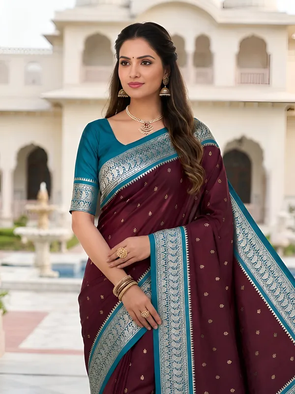 Maroon_And_Teal_Pure_Banarasi_Silk_Saree