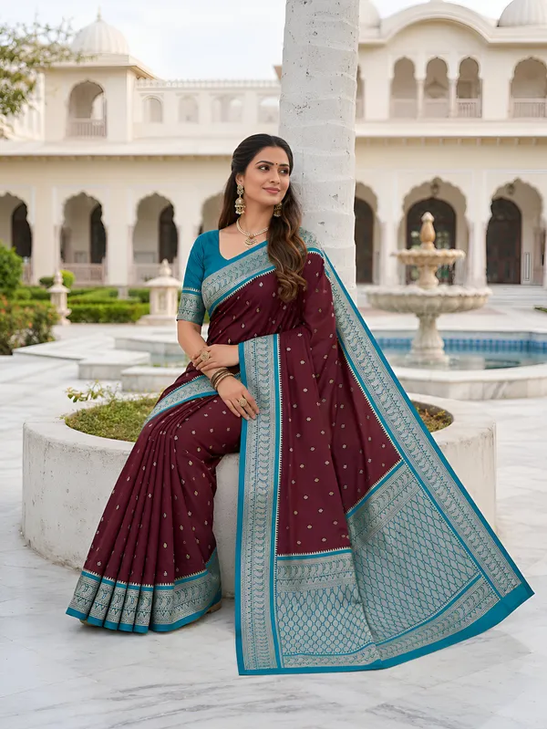 Maroon_And_Teal_Pure_Banarasi_Silk_Saree