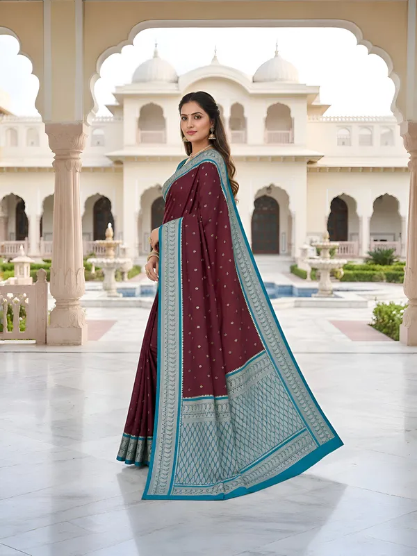Maroon_And_Teal_Pure_Banarasi_Silk_Saree