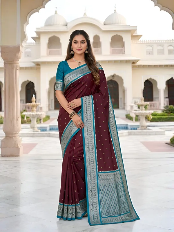 Maroon_And_Teal_Pure_Banarasi_Silk_Saree