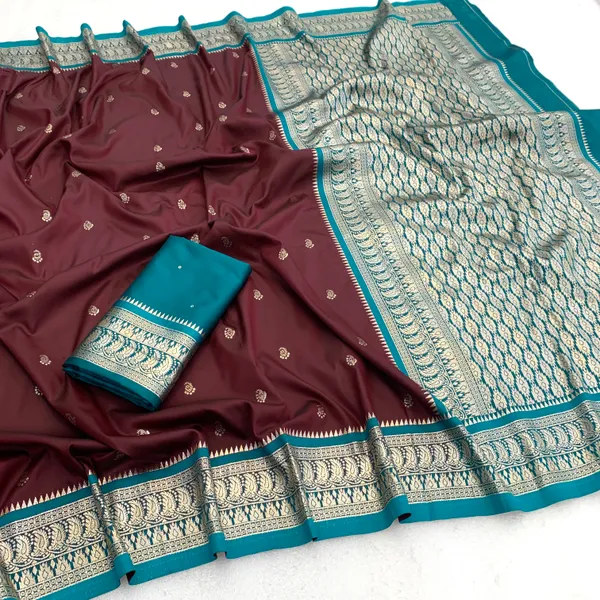 Maroon_And_Teal_Pure_Banarasi_Silk_Saree