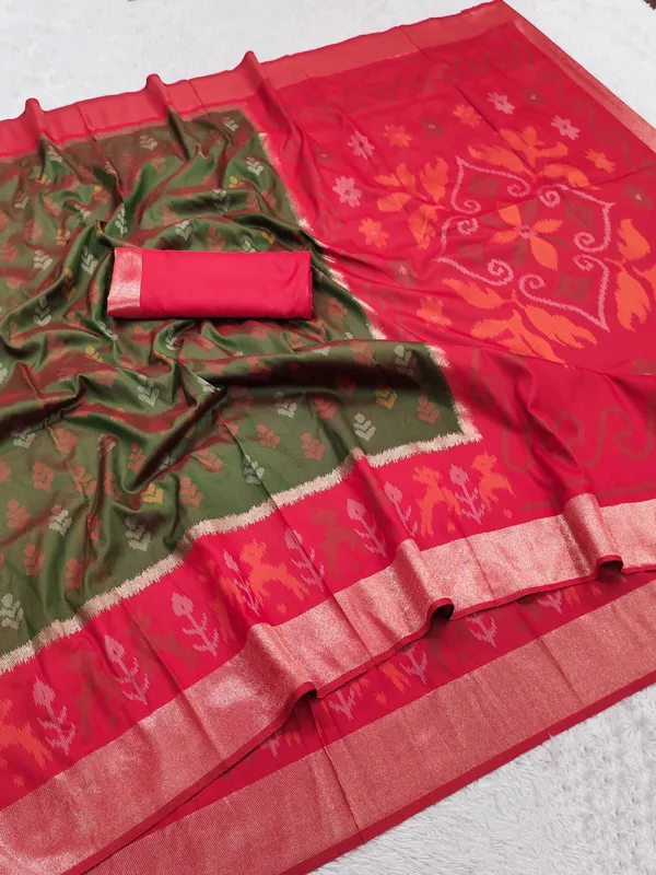 Olive_Green_and_Coral_Red_Pochampally_Silk_Saree
