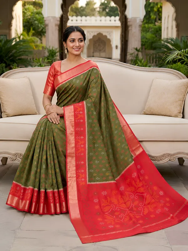 Olive_Green_and_Coral_Red_Pochampally_Silk_Saree