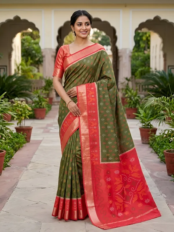 Olive_Green_and_Coral_Red_Pochampally_Silk_Saree