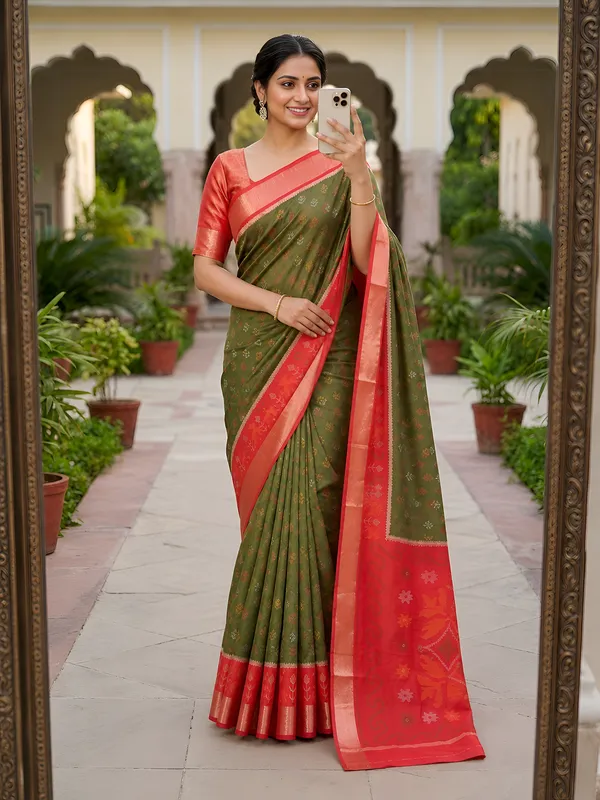Olive_Green_and_Coral_Red_Pochampally_Silk_Saree
