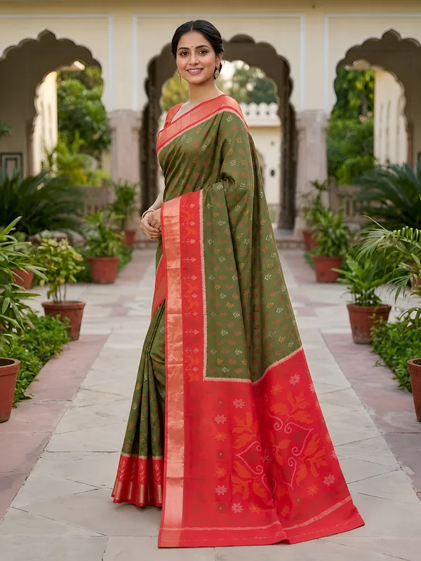 Olive_Green_and_Coral_Red_Pochampally_Silk_Saree