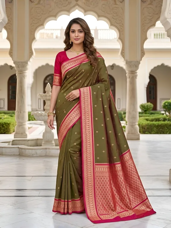 Olive_Green_and_Magenta_Banarasi_Silk_Saree