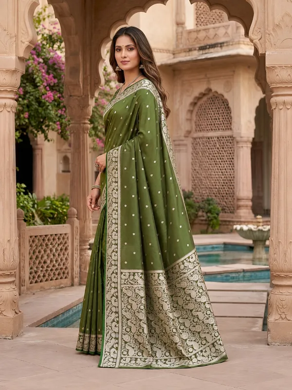 Olive_green_pure_Banarasi_silk_saree