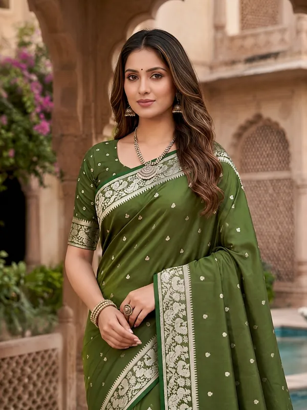 Olive_green_pure_Banarasi_silk_saree