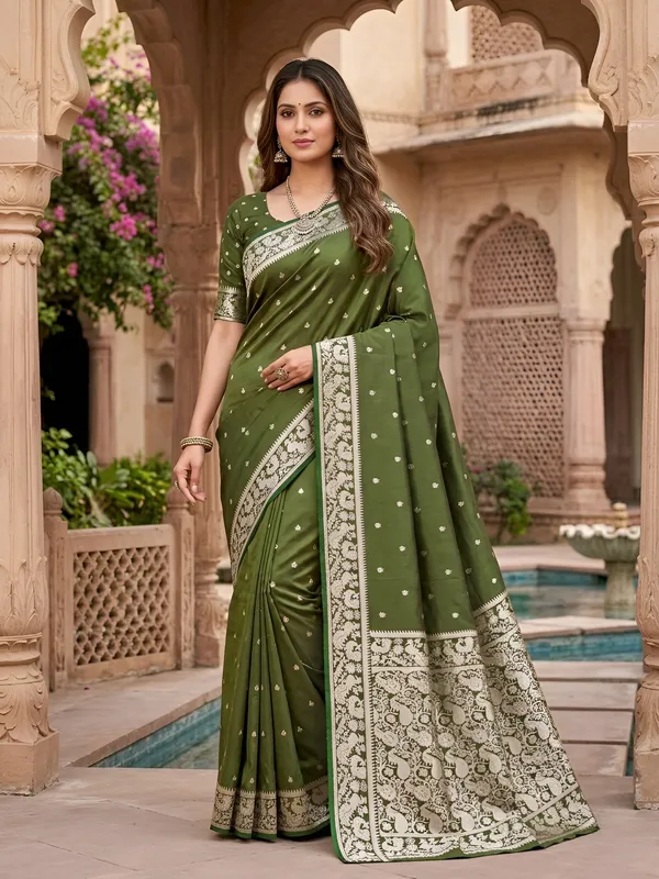 Olive_green_pure_Banarasi_silk_saree
