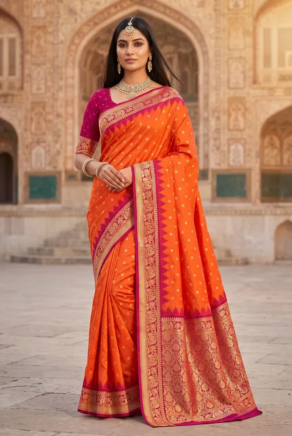 Orange_and_Magenta_Banarasi_Silk_Saree
